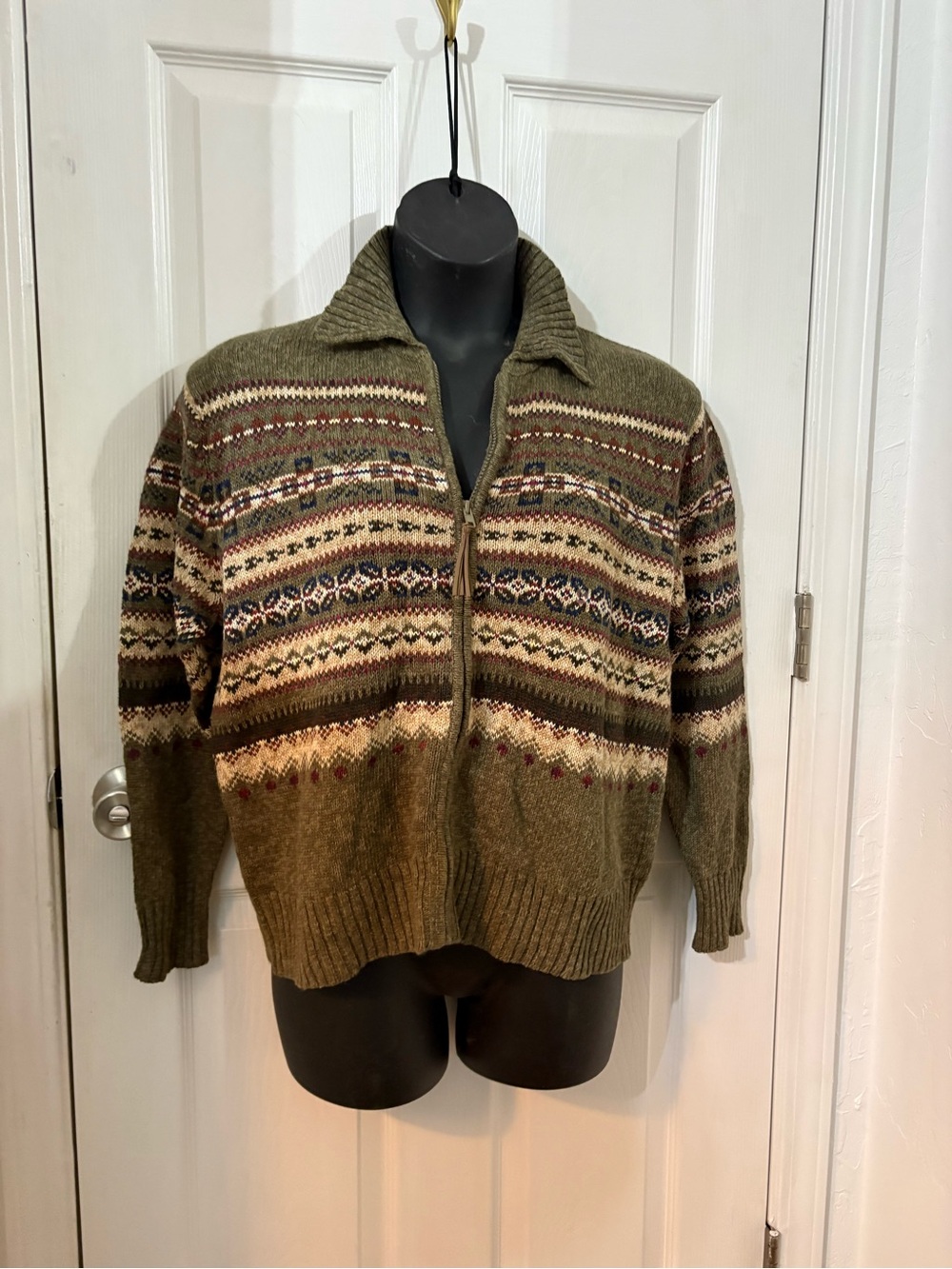 Tiara Olive Green Fair Isle Zip Sweater